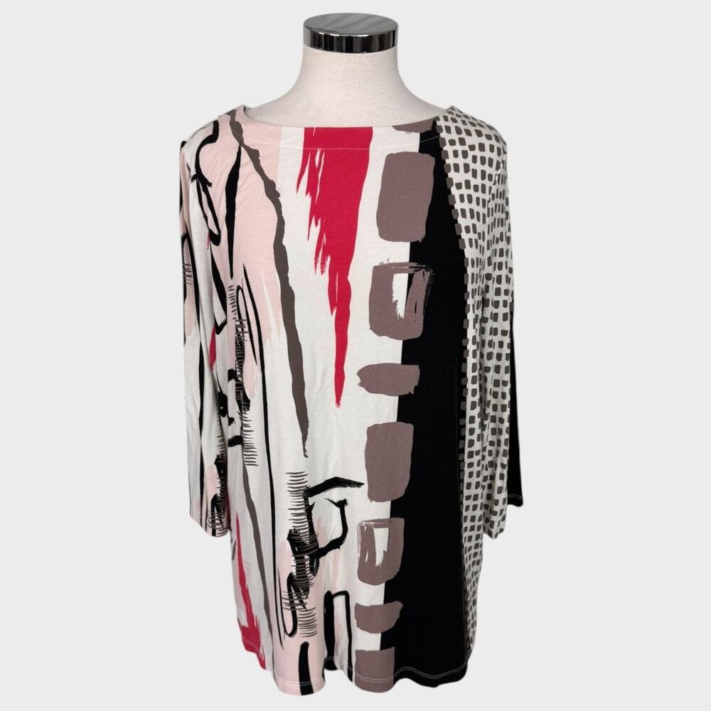Chico's Womens Size 2 Large Top Rayob Spandex Black Red Gray Geometric